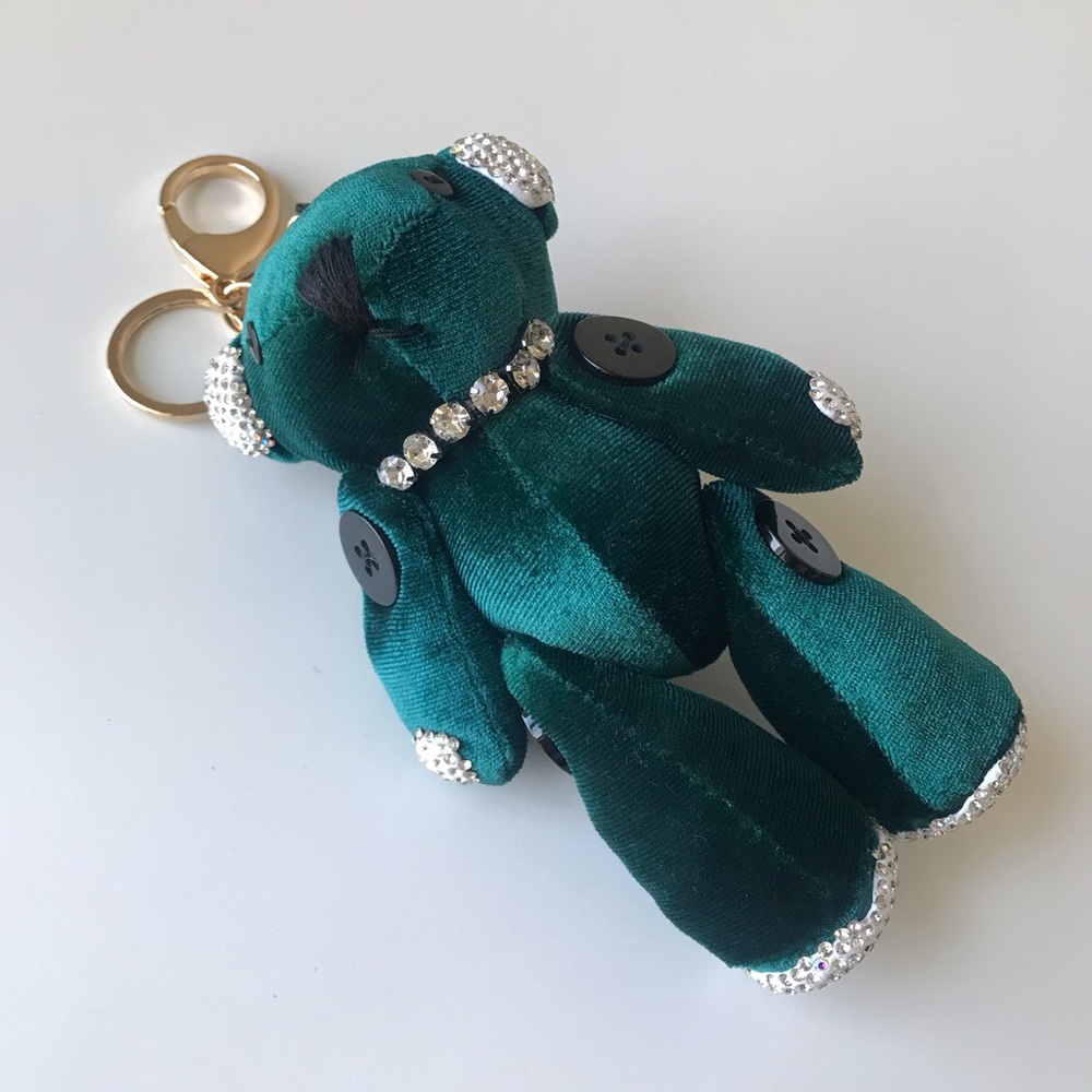 Green Velvet Rhinestone Moveable Bear Bag Charm Key Chain - Picture 11 of 16